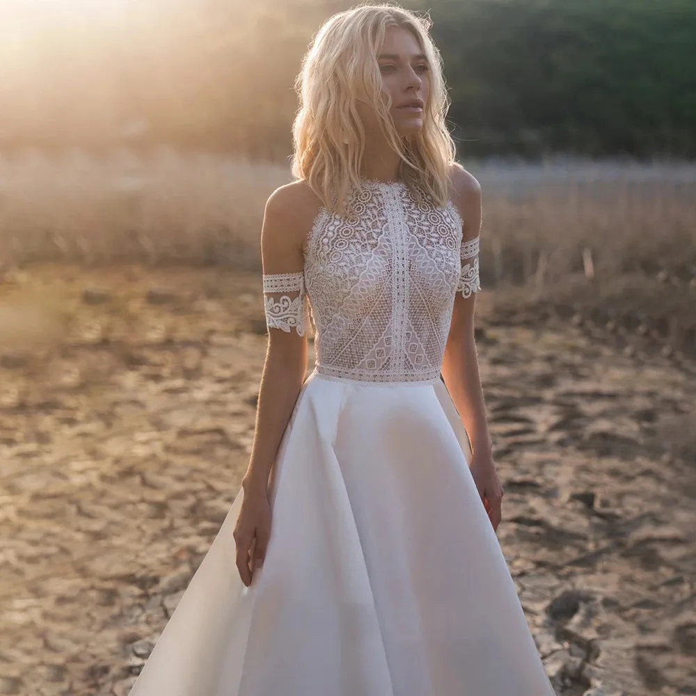 Bohemian Cutout Lace Halter Wedding Dress A Line Racerback Pearls Closure Customized Beach Luxe Satin Elopement Bridal Gowns