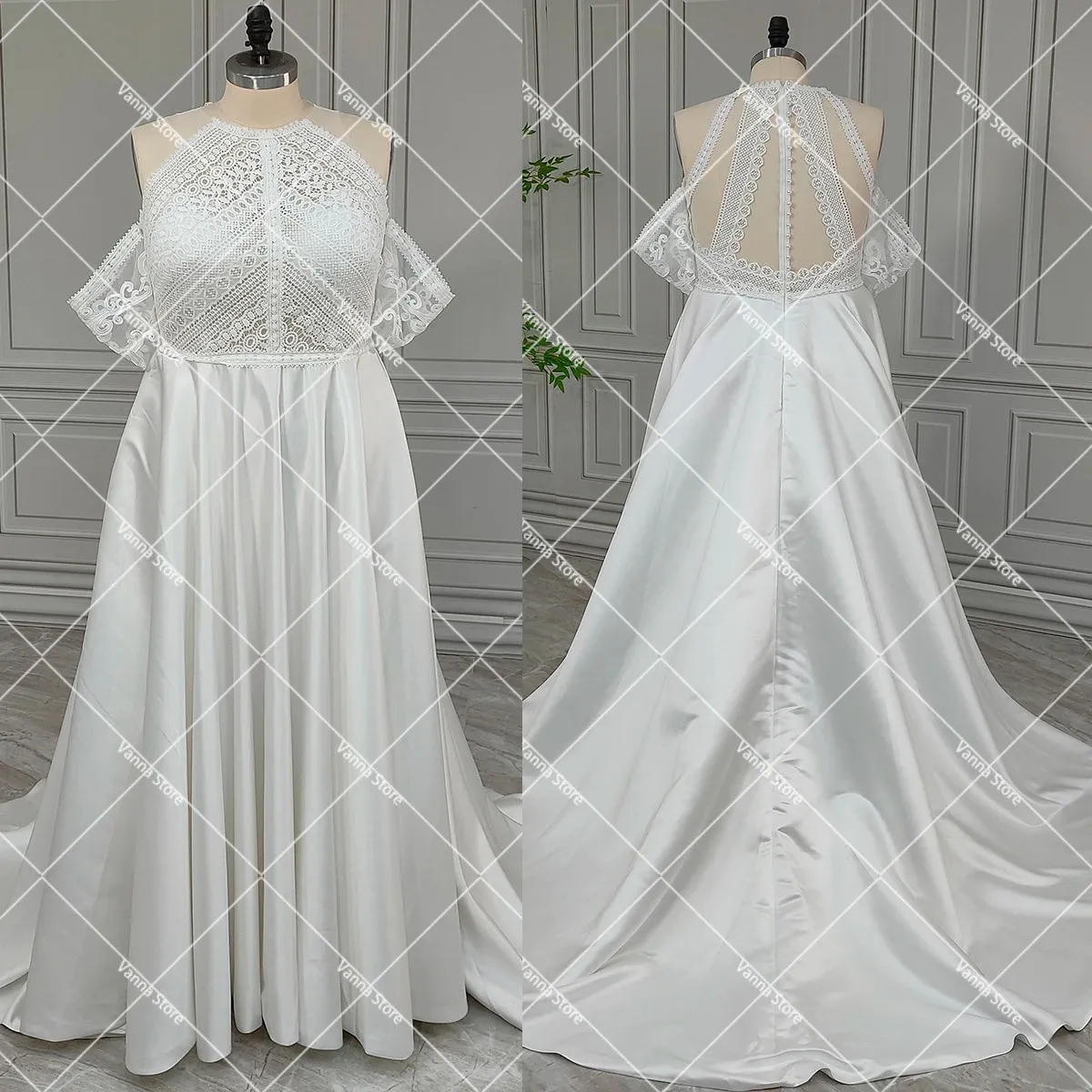 Bohemian Cutout Lace Halter Wedding Dress A Line Racerback Pearls Closure Customized Beach Luxe Satin Elopement Bridal Gowns