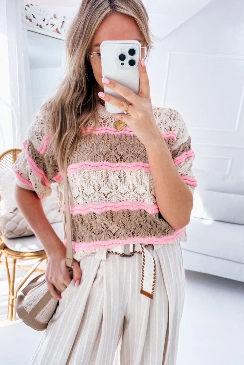 Brown Stripe Color Block Hollow Out Crochet Half Sleeve Sweater