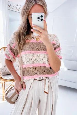 Brown Stripe Color Block Hollow Out Crochet Half Sleeve Sweater