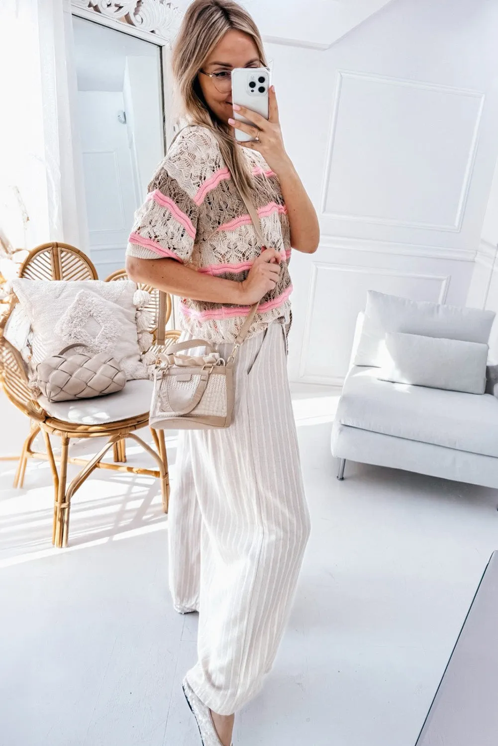 Brown Stripe Color Block Hollow Out Crochet Half Sleeve Sweater