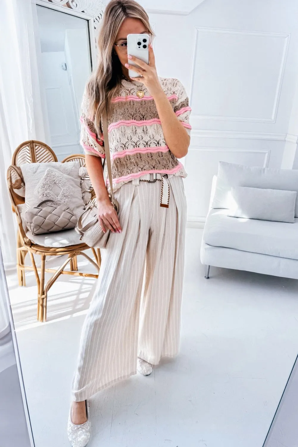 Brown Stripe Color Block Hollow Out Crochet Half Sleeve Sweater