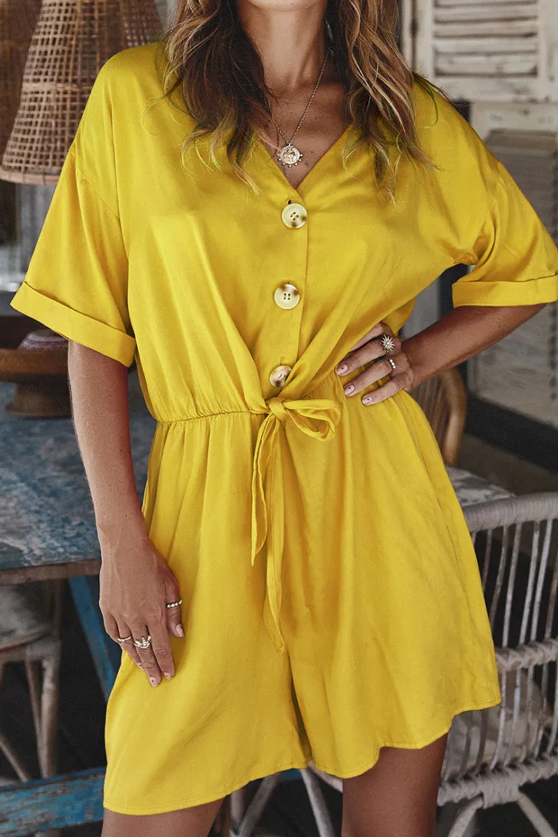 Button Front Tie Waist Romper