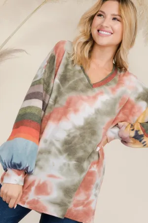 Celeste Women's Long Sleeve V-Neck Blouse | Tie-Dye and Striped Contrast Design | Made in USA