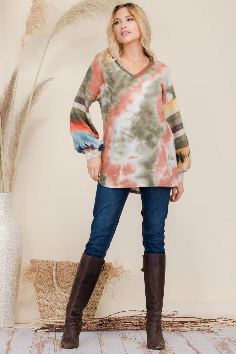 Celeste Women's Long Sleeve V-Neck Blouse | Tie-Dye and Striped Contrast Design | Made in USA