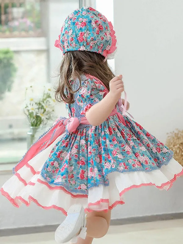 Children's Sweet Lolita Dress Headwear Blue Ruffles Polyester Long Sleeve Flora Printed Kids One Piece Dress