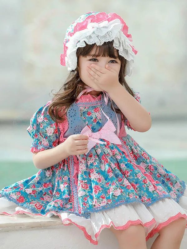 Children's Sweet Lolita Dress Headwear Blue Ruffles Polyester Long Sleeve Flora Printed Kids One Piece Dress