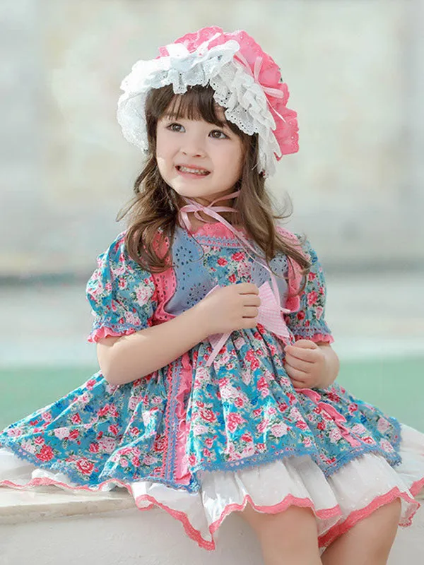 Children's Sweet Lolita Dress Headwear Blue Ruffles Polyester Long Sleeve Flora Printed Kids One Piece Dress