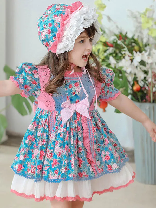 Children's Sweet Lolita Dress Headwear Blue Ruffles Polyester Long Sleeve Flora Printed Kids One Piece Dress