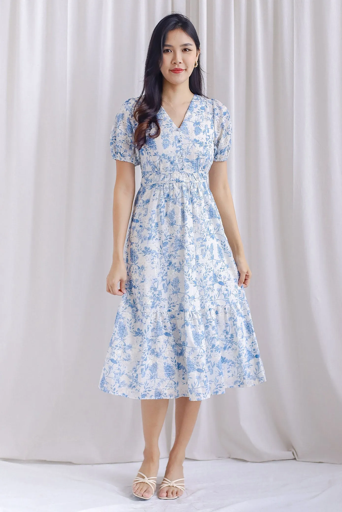 Clarita Flora Embro Puffy Sleeve Button Midi Dress In Blue
