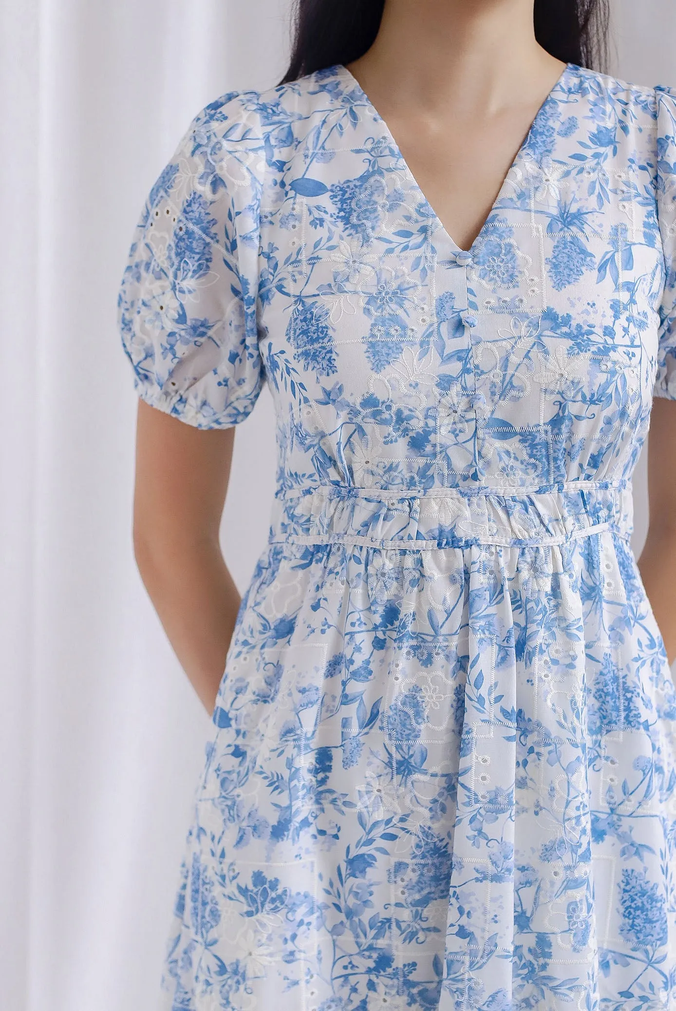 Clarita Flora Embro Puffy Sleeve Button Midi Dress In Blue
