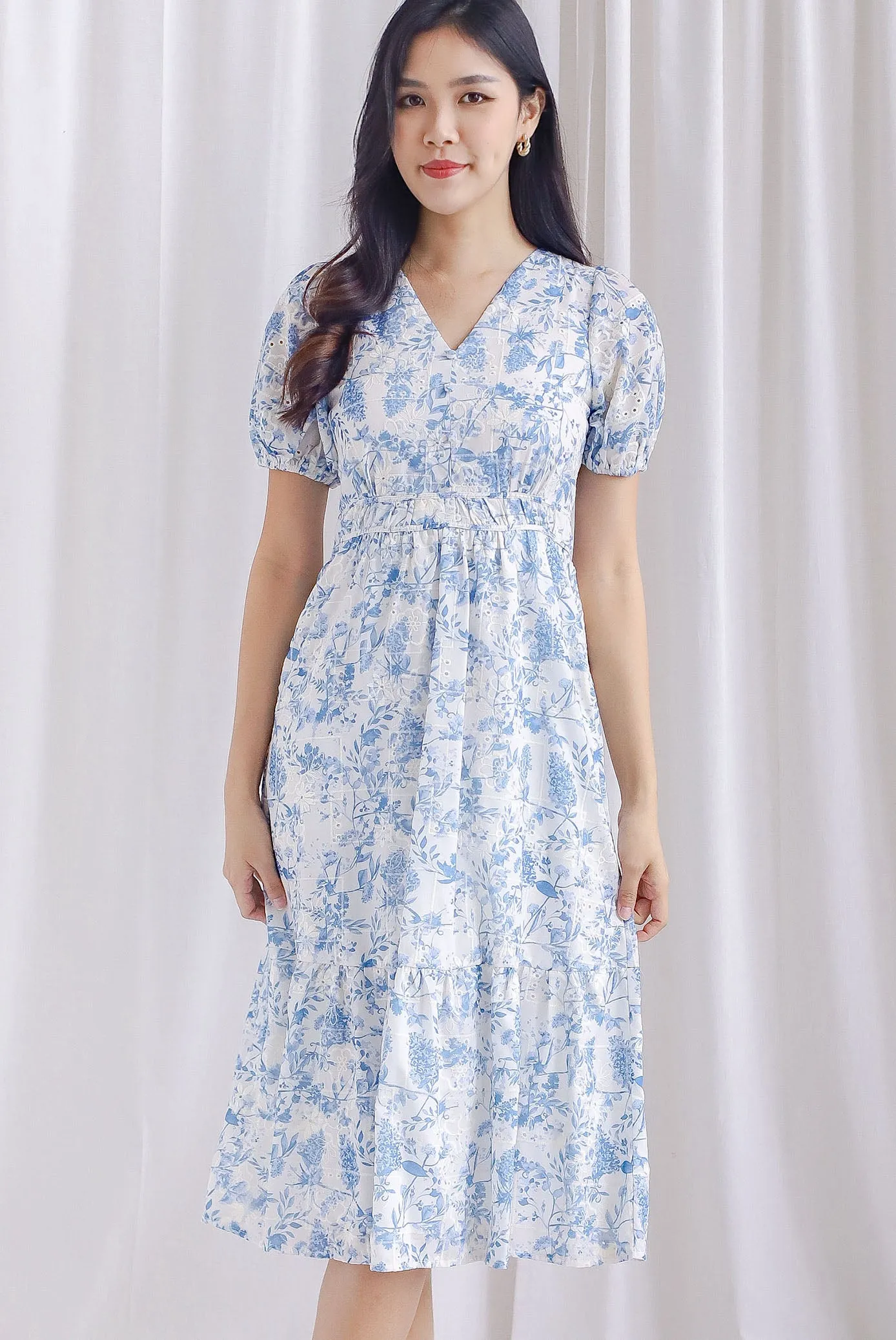 Clarita Flora Embro Puffy Sleeve Button Midi Dress In Blue