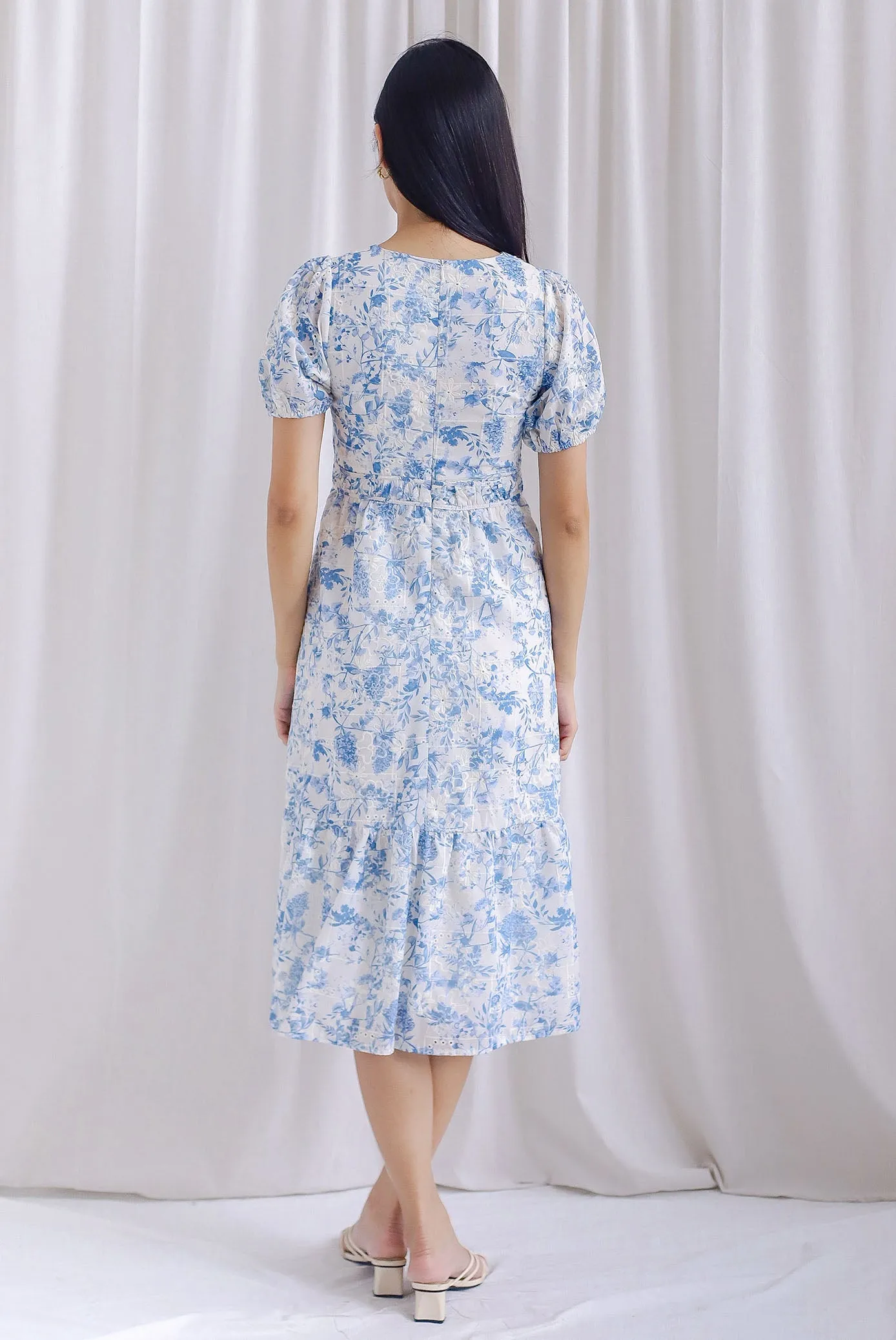 Clarita Flora Embro Puffy Sleeve Button Midi Dress In Blue
