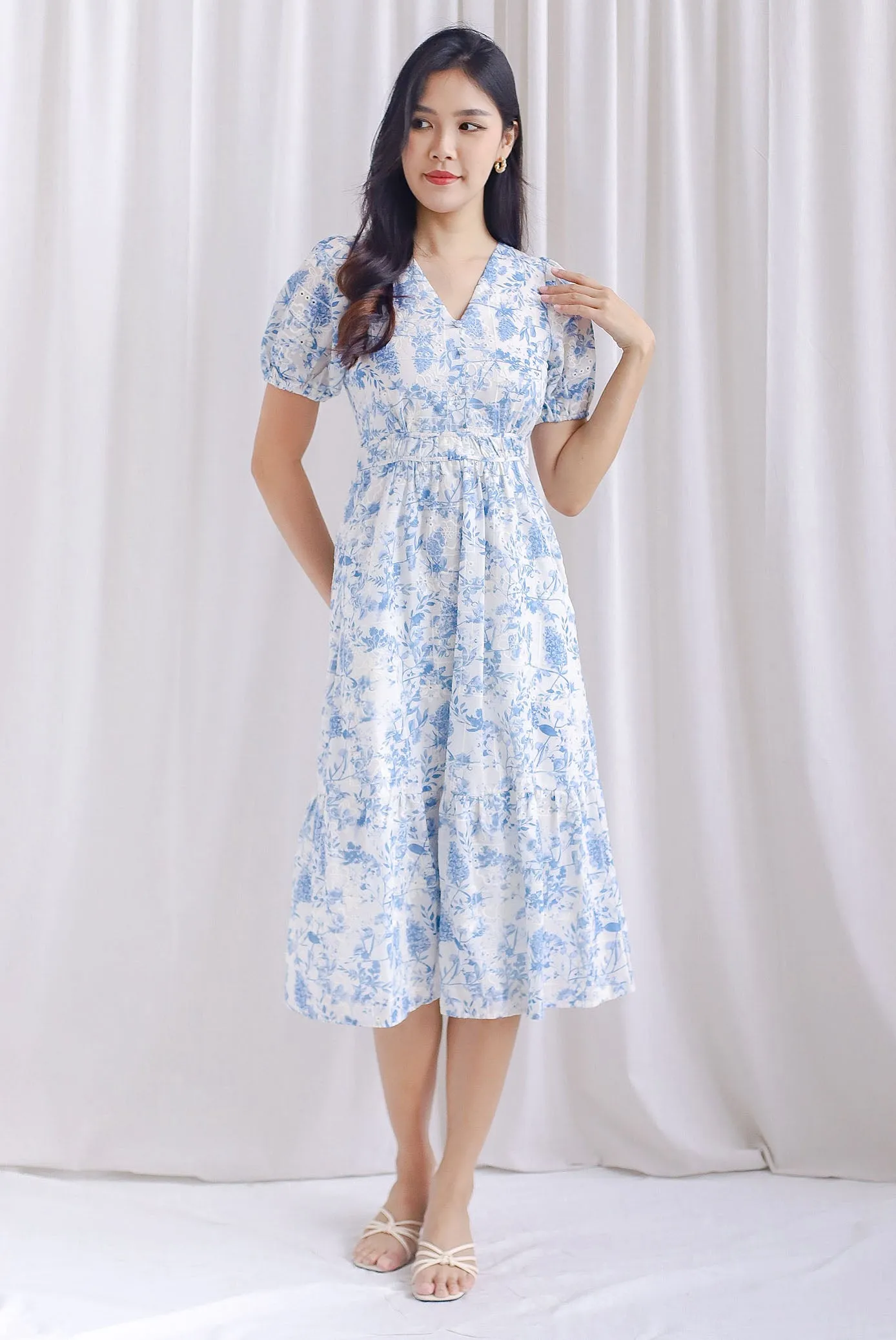Clarita Flora Embro Puffy Sleeve Button Midi Dress In Blue