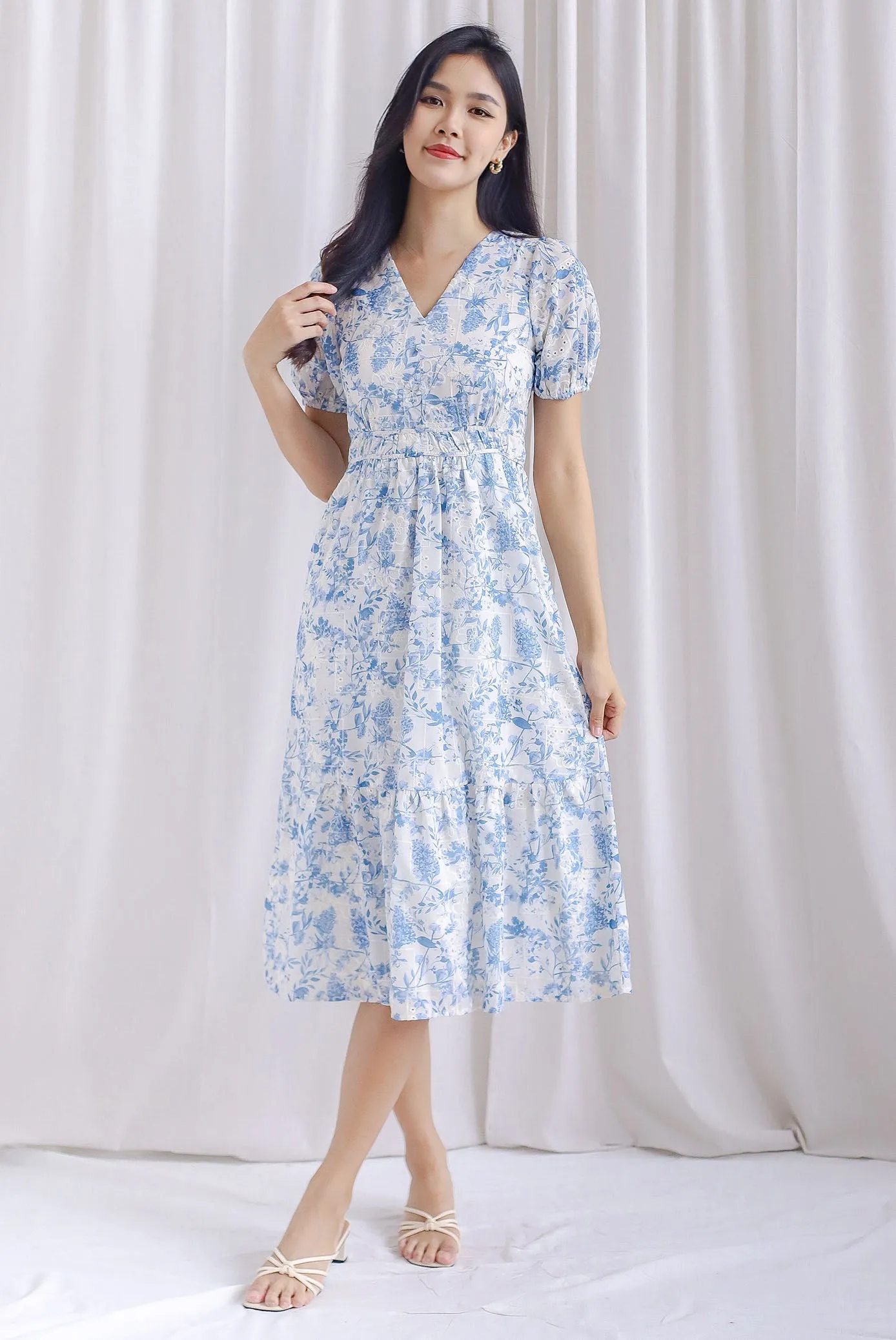 Clarita Flora Embro Puffy Sleeve Button Midi Dress In Blue