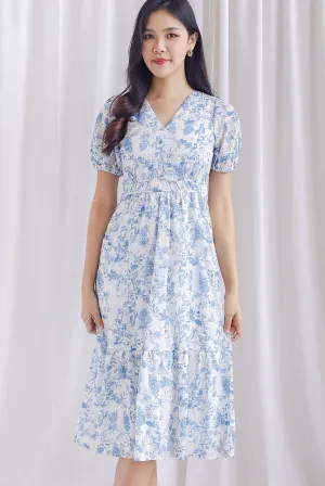 Clarita Flora Embro Puffy Sleeve Button Midi Dress In Blue