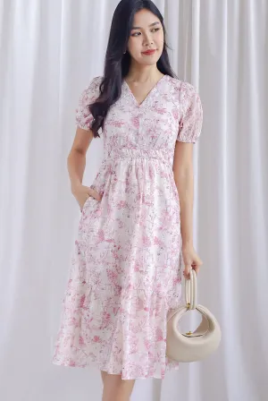 Clarita Flora Embro Puffy Sleeve Button Midi Dress In Pink