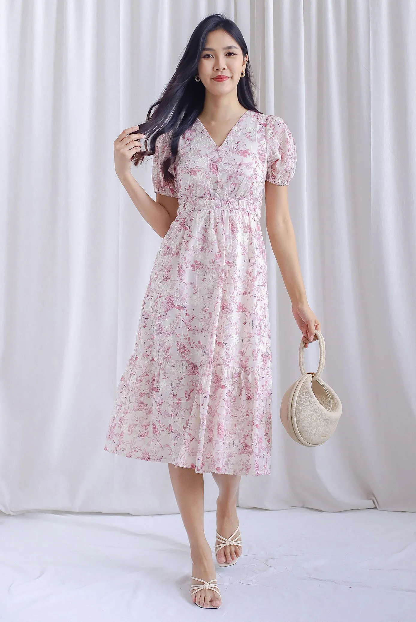 Clarita Flora Embro Puffy Sleeve Button Midi Dress In Pink