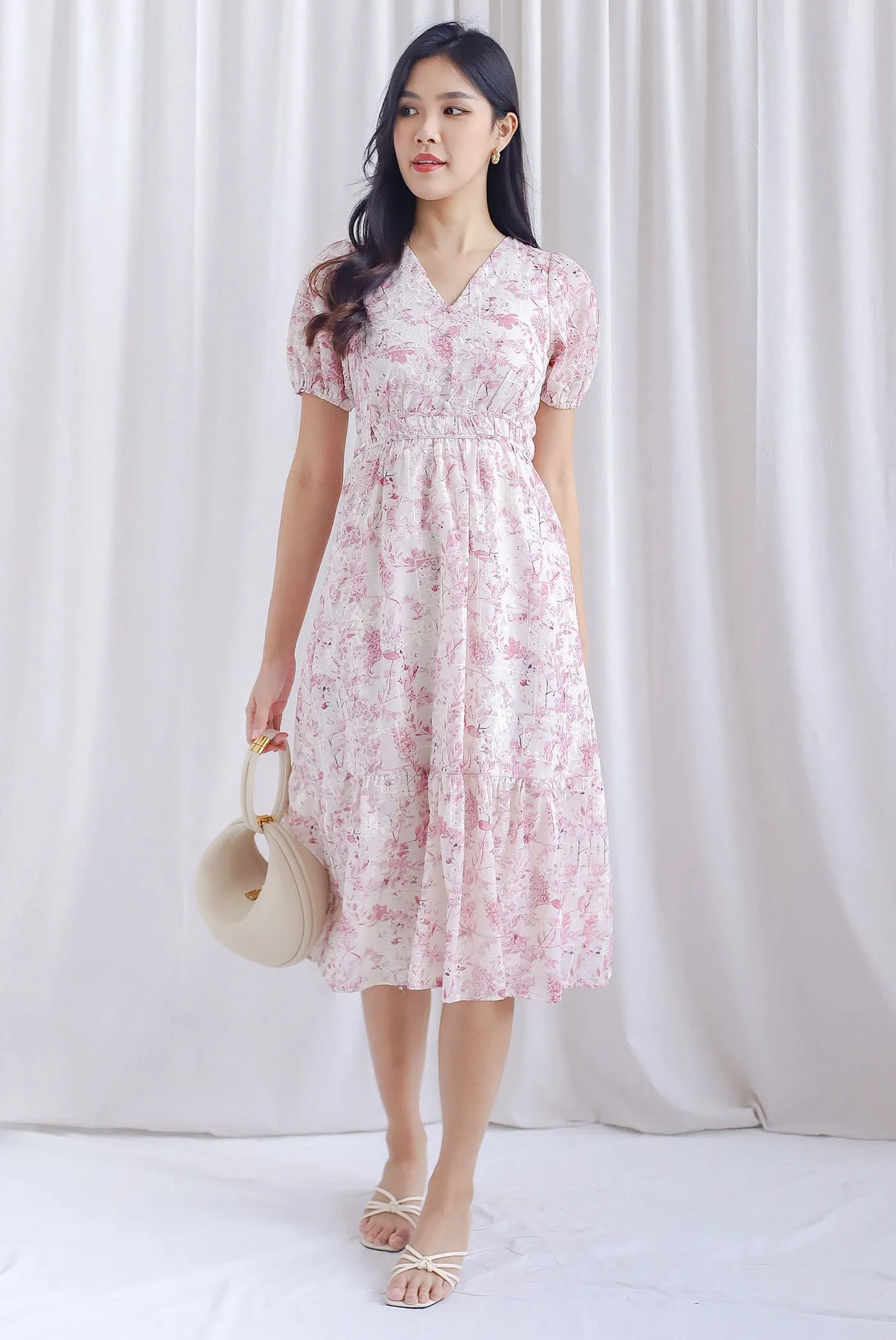 Clarita Flora Embro Puffy Sleeve Button Midi Dress In Pink