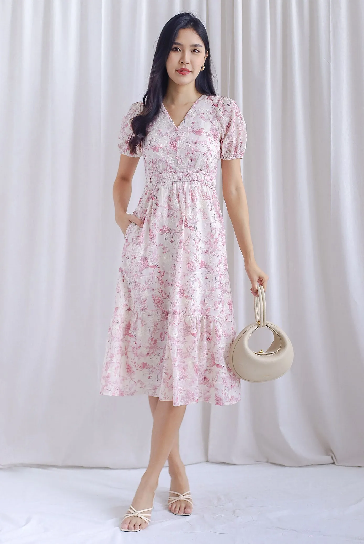 Clarita Flora Embro Puffy Sleeve Button Midi Dress In Pink