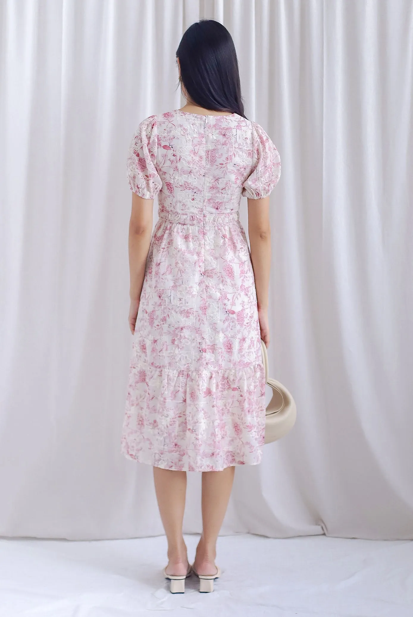 Clarita Flora Embro Puffy Sleeve Button Midi Dress In Pink