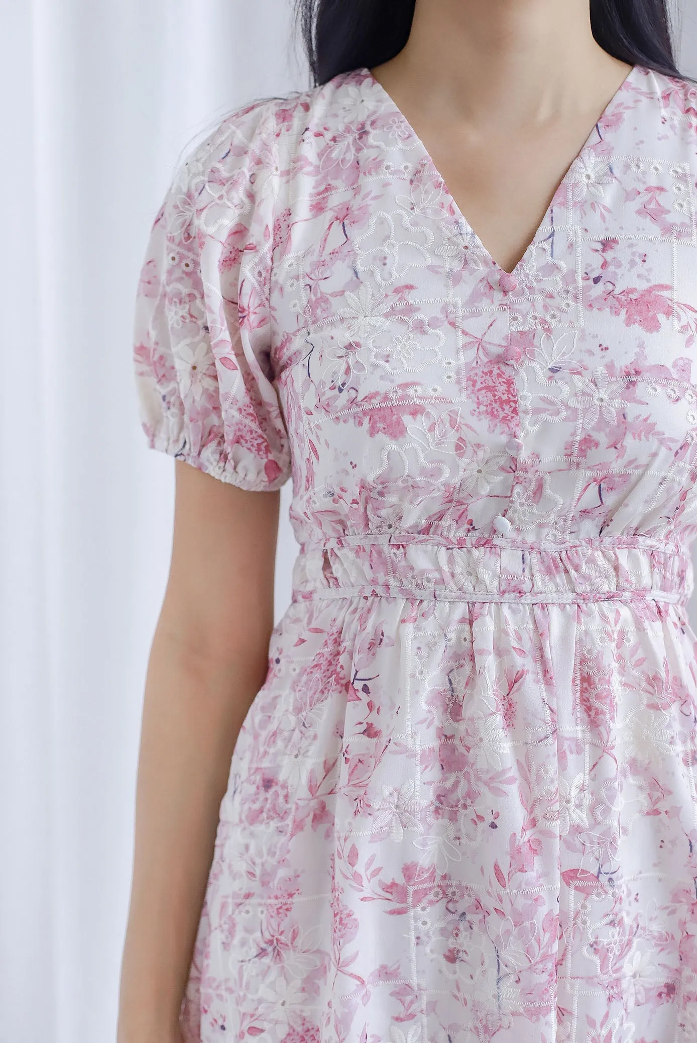 Clarita Flora Embro Puffy Sleeve Button Midi Dress In Pink