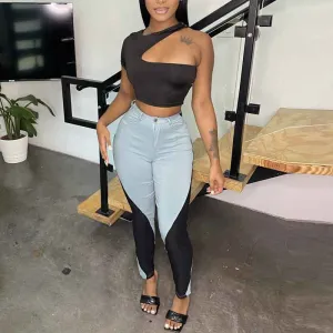 Colorblock Cut Out Crop Top & Pants Set