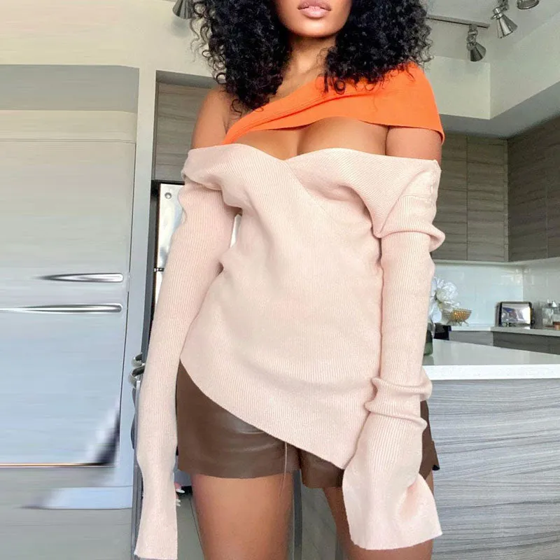Colorblock Long Sleeve Cut Out Asymmetrical Top