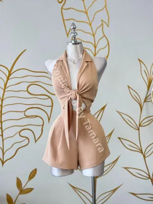 Cream Coastal Breeze Tie-Front Romper (One Piece)