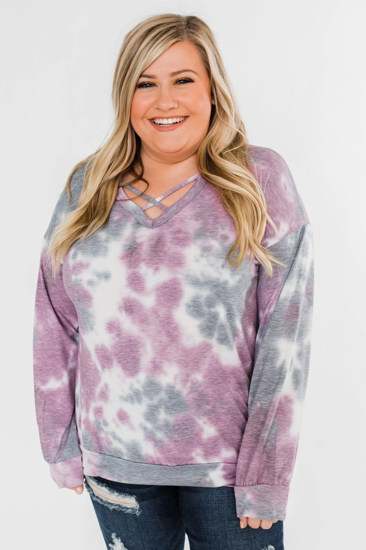 Criss Cross Tie Dye Pullover- Purple, Grey, & White