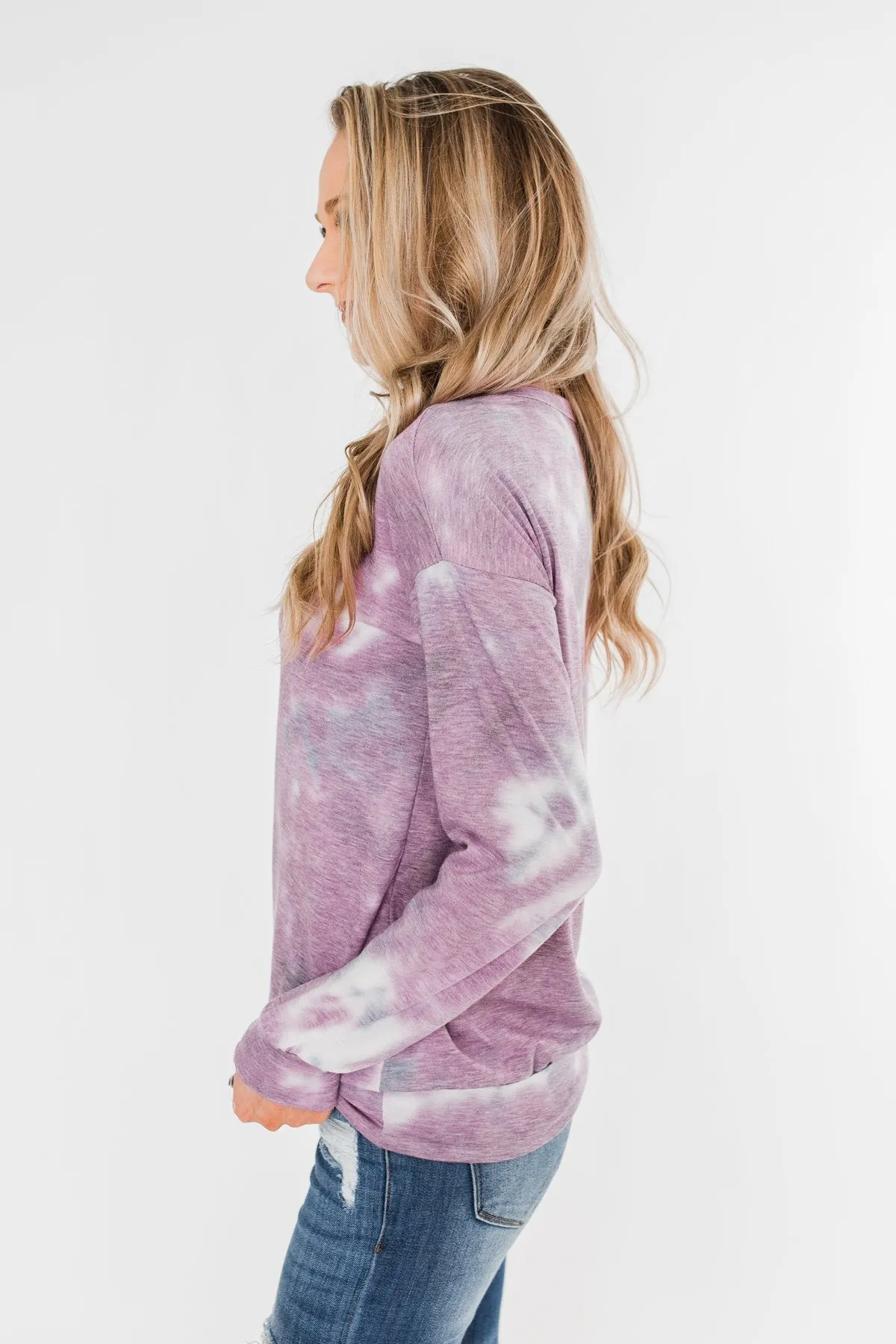 Criss Cross Tie Dye Pullover- Purple, Grey, & White