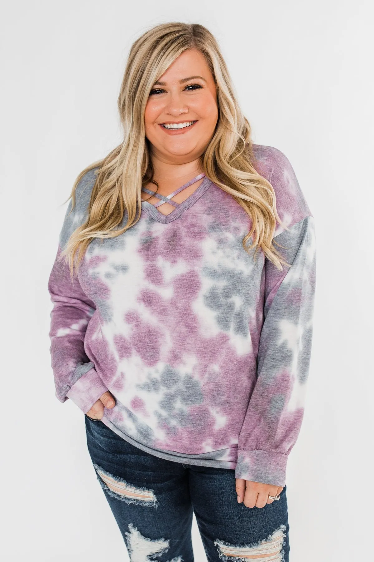 Criss Cross Tie Dye Pullover- Purple, Grey, & White