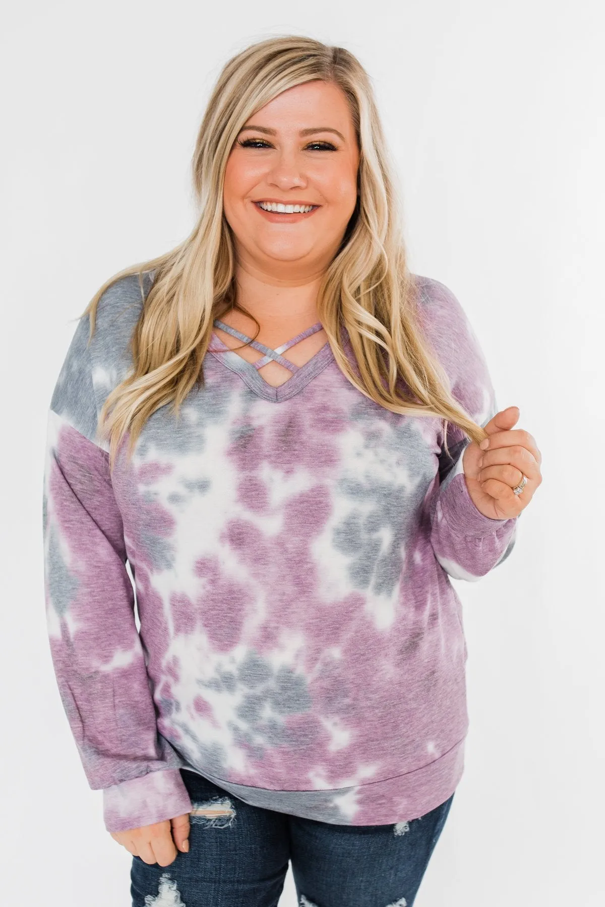 Criss Cross Tie Dye Pullover- Purple, Grey, & White