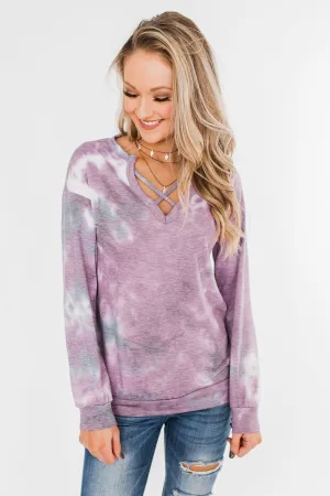 Criss Cross Tie Dye Pullover- Purple, Grey, & White