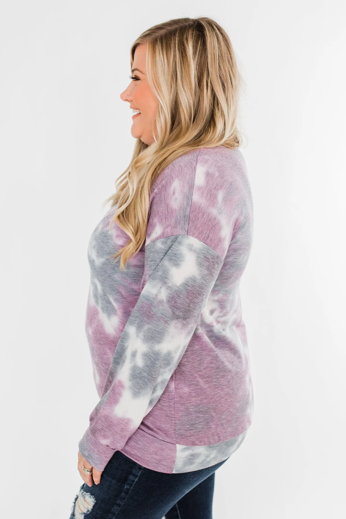 Criss Cross Tie Dye Pullover- Purple, Grey, & White