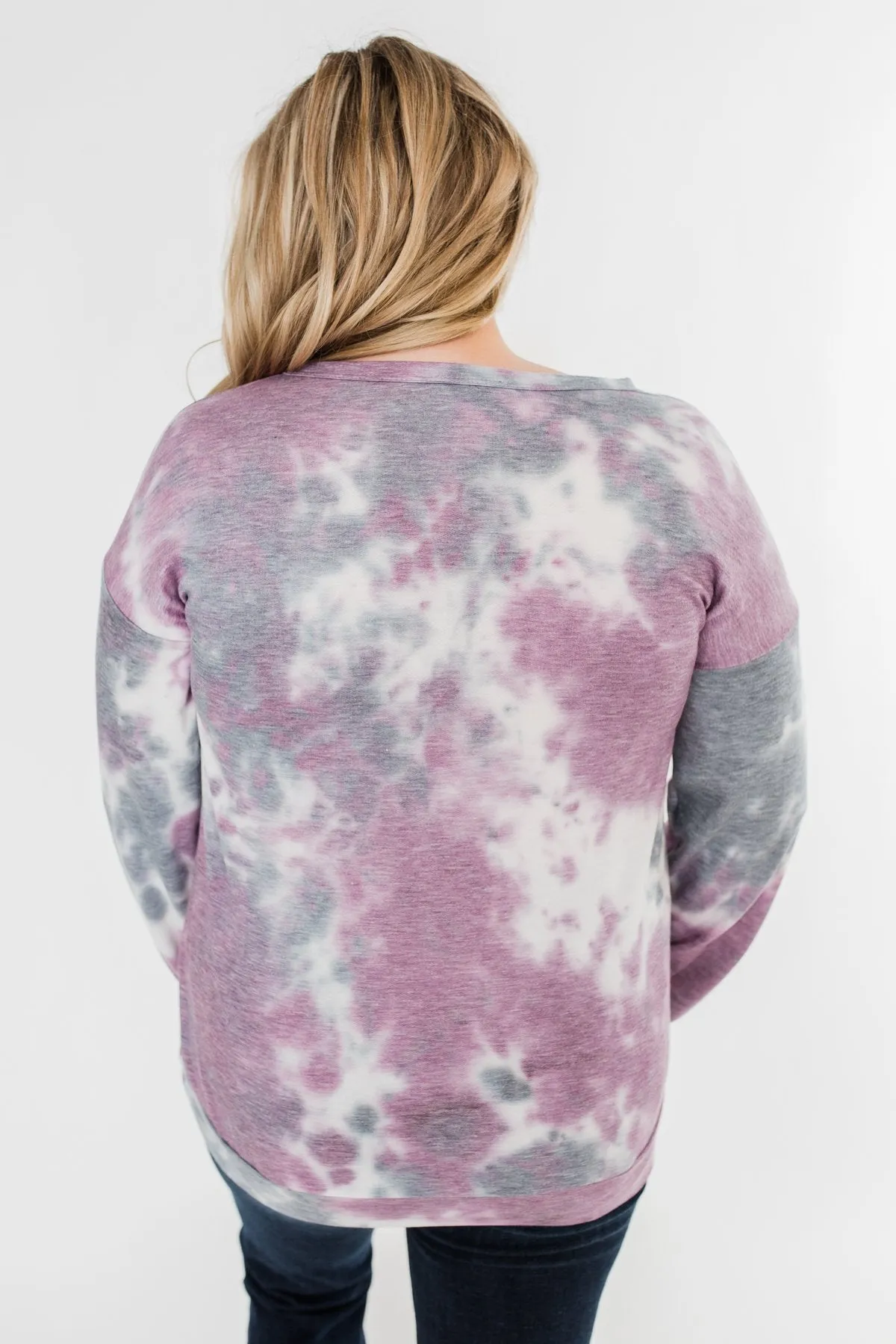Criss Cross Tie Dye Pullover- Purple, Grey, & White