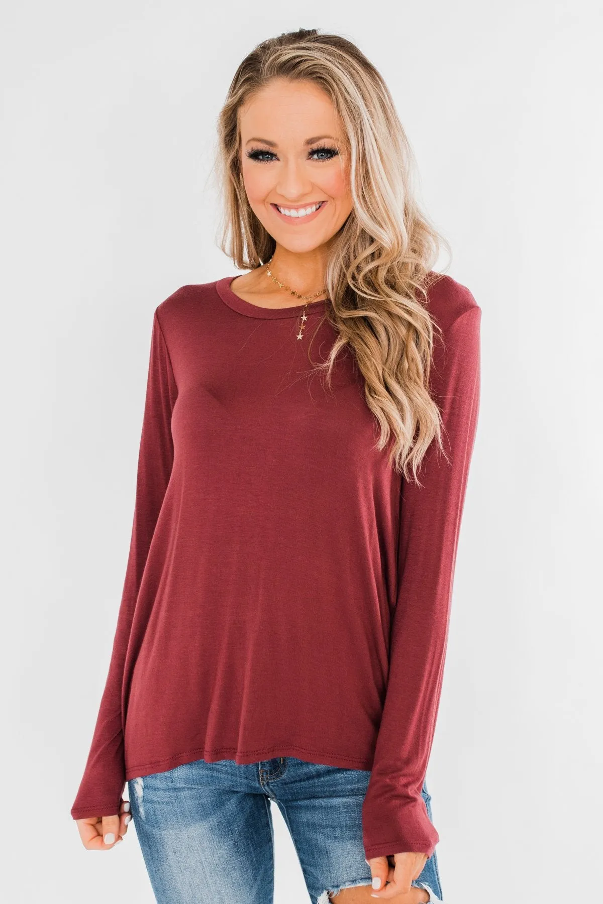 Cut Out Back Long Sleeve Top- Dusty Maroon