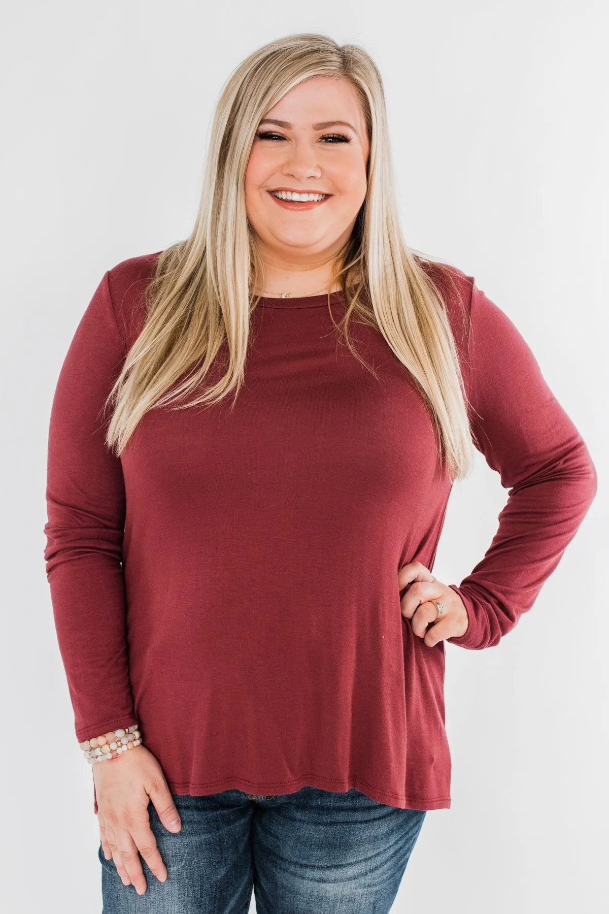 Cut Out Back Long Sleeve Top- Dusty Maroon