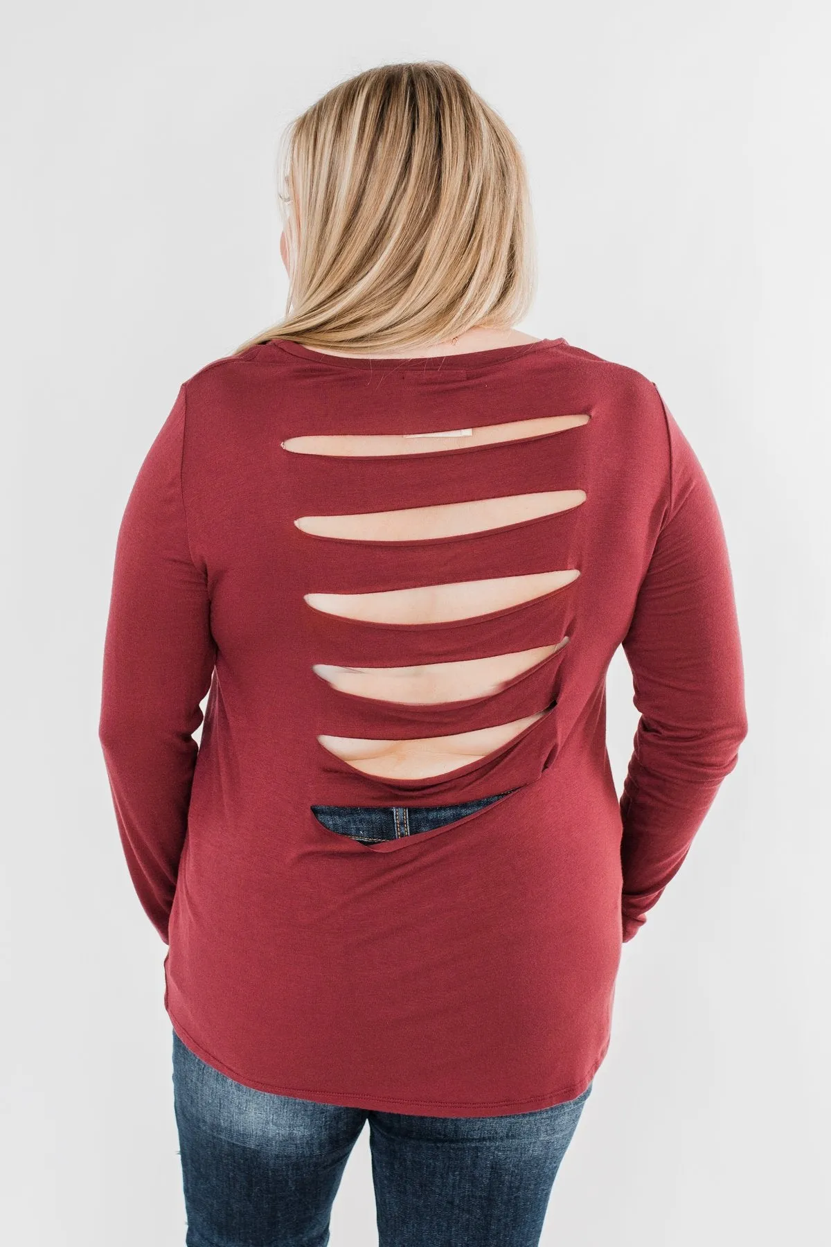 Cut Out Back Long Sleeve Top- Dusty Maroon