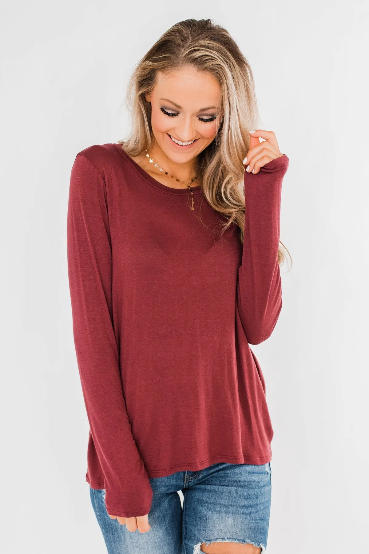 Cut Out Back Long Sleeve Top- Dusty Maroon