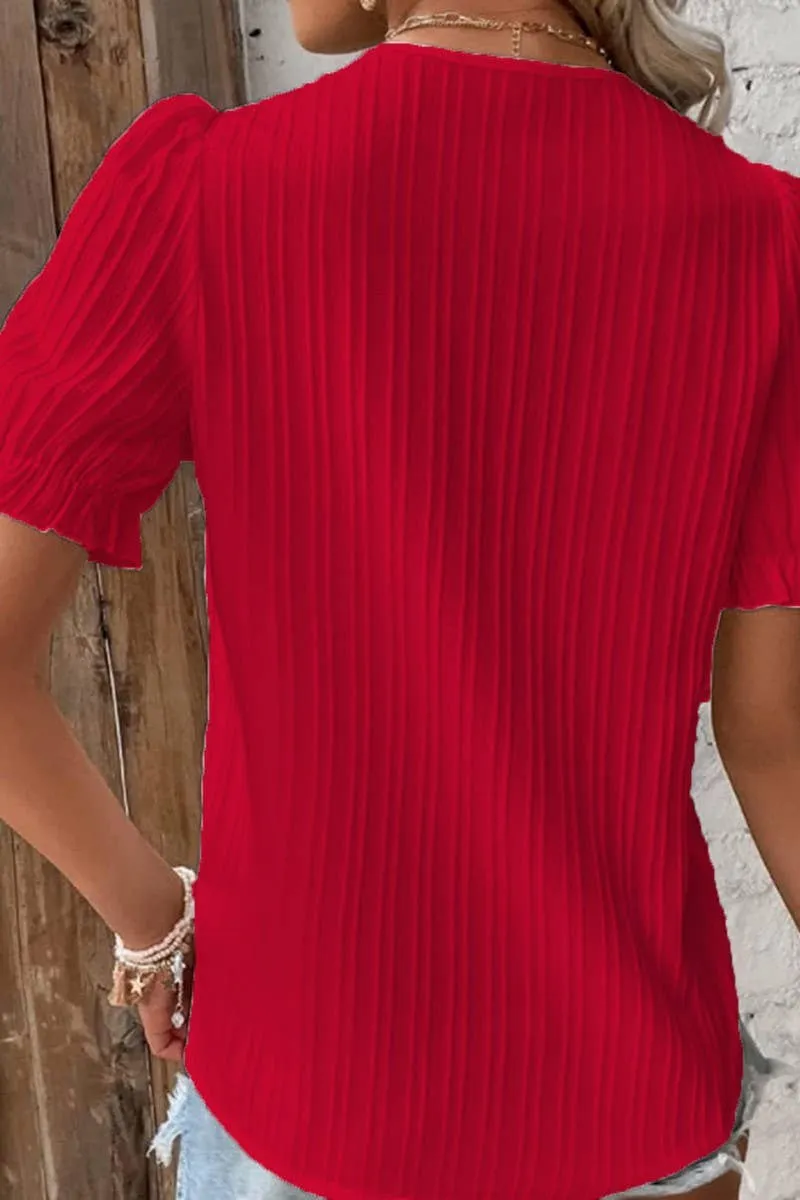 CWTBLS1468_SOLID COLOR V-NECK HOLLOW SHORT-SLEEVED SHIRT: APRICOT / (2XL) 1
