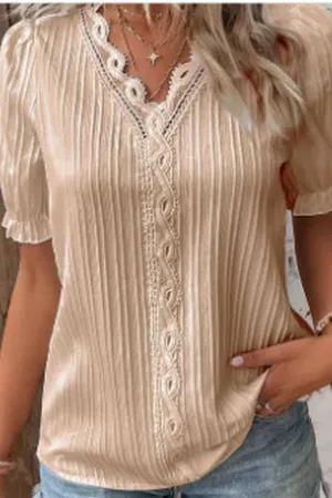 CWTBLS1468_SOLID COLOR V-NECK HOLLOW SHORT-SLEEVED SHIRT: APRICOT / (L) 1