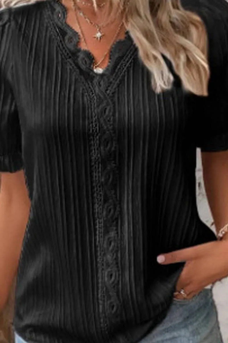 CWTBLS1468_SOLID COLOR V-NECK HOLLOW SHORT-SLEEVED SHIRT: APRICOT / (L) 1
