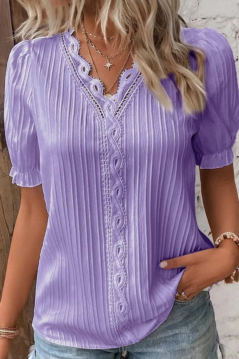 CWTBLS1468_SOLID COLOR V-NECK HOLLOW SHORT-SLEEVED SHIRT: APRICOT / (L) 1