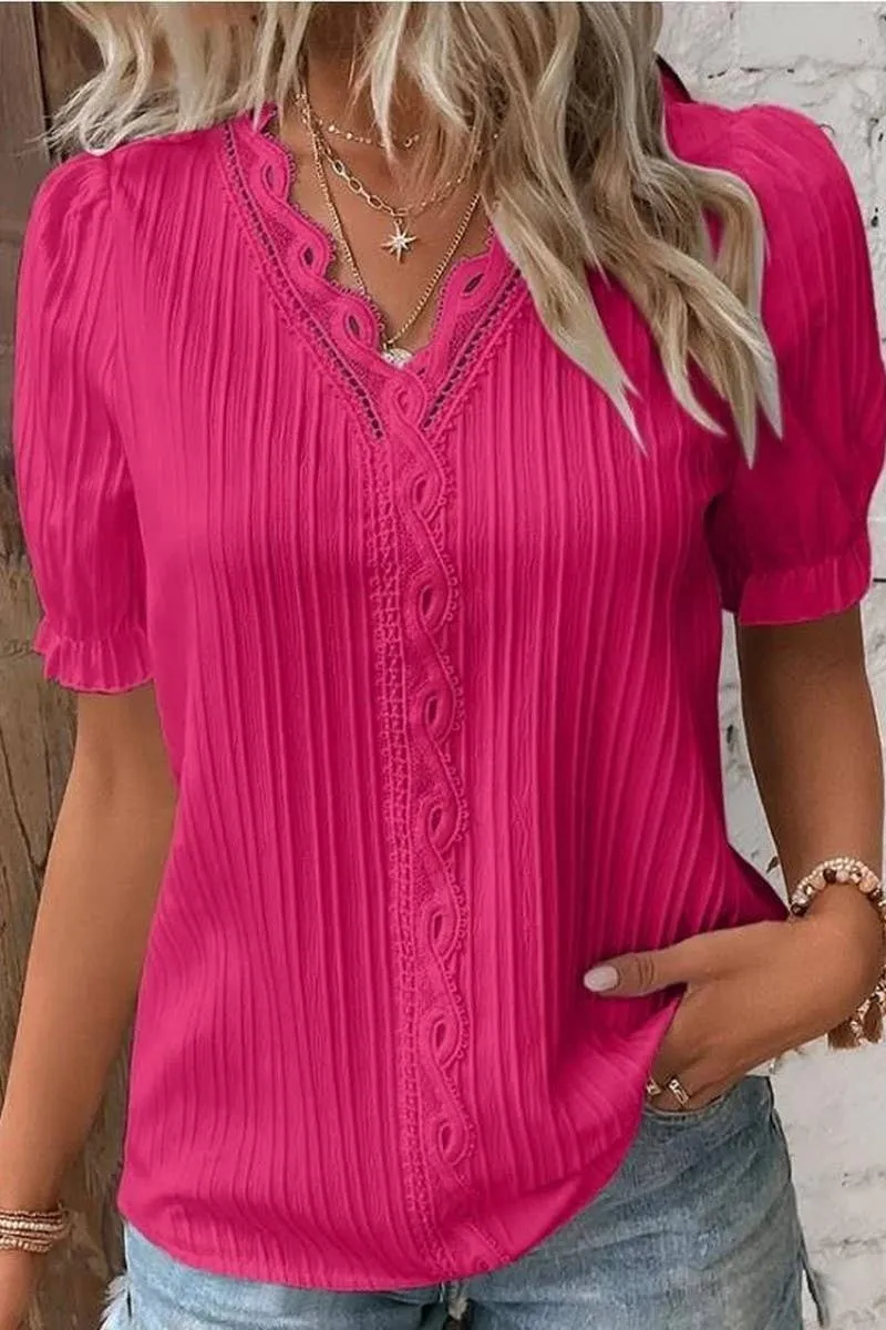 CWTBLS1468_SOLID COLOR V-NECK HOLLOW SHORT-SLEEVED SHIRT: APRICOT / (S) 1