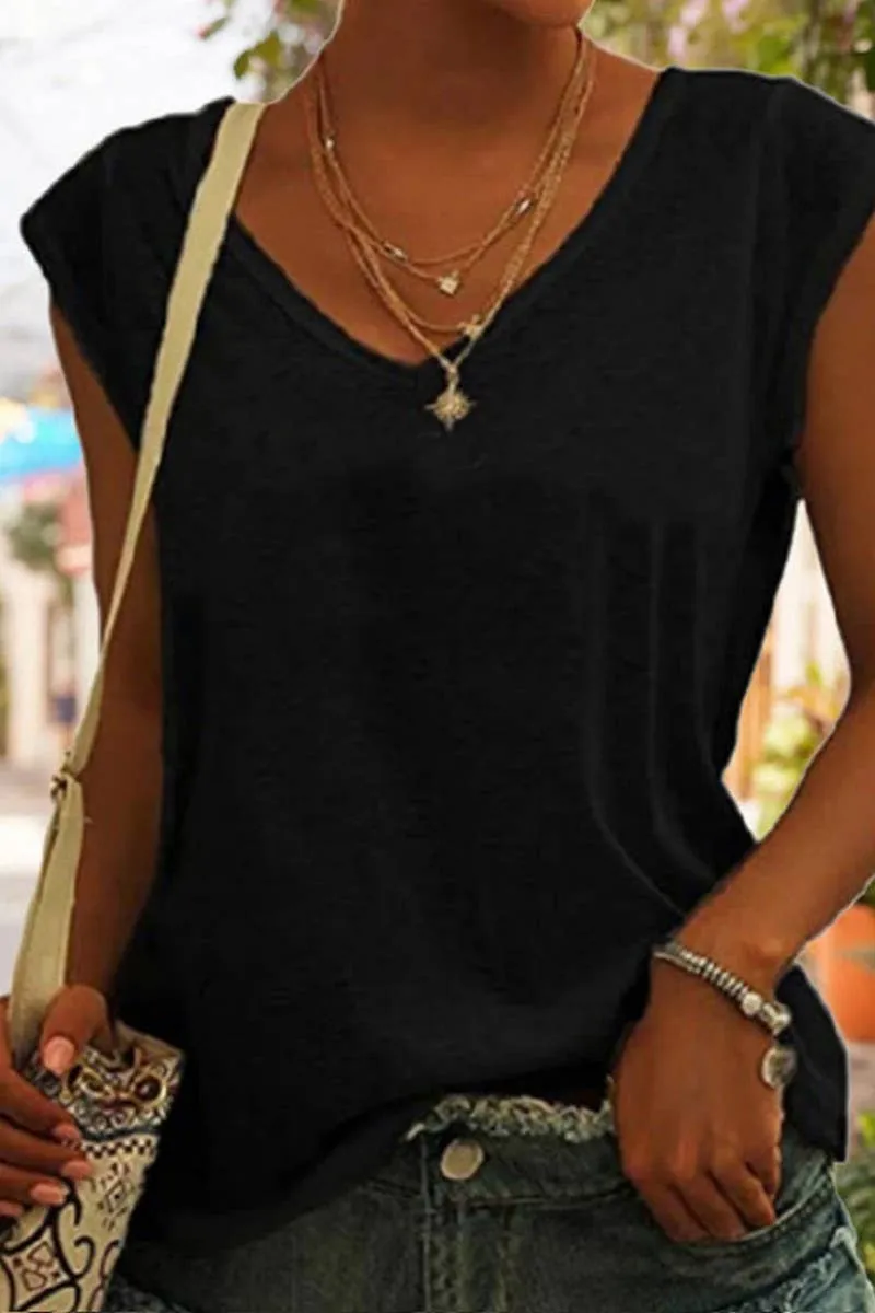 CWTTSL0257_SOLID COLOR V-NECK LOOSE SLEEVELESS T-SHIRT: ROSE / (XXL) 1