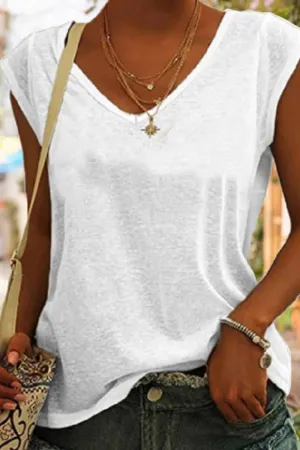 CWTTSL0257_SOLID COLOR V-NECK LOOSE SLEEVELESS T-SHIRT: White / (XL) 1