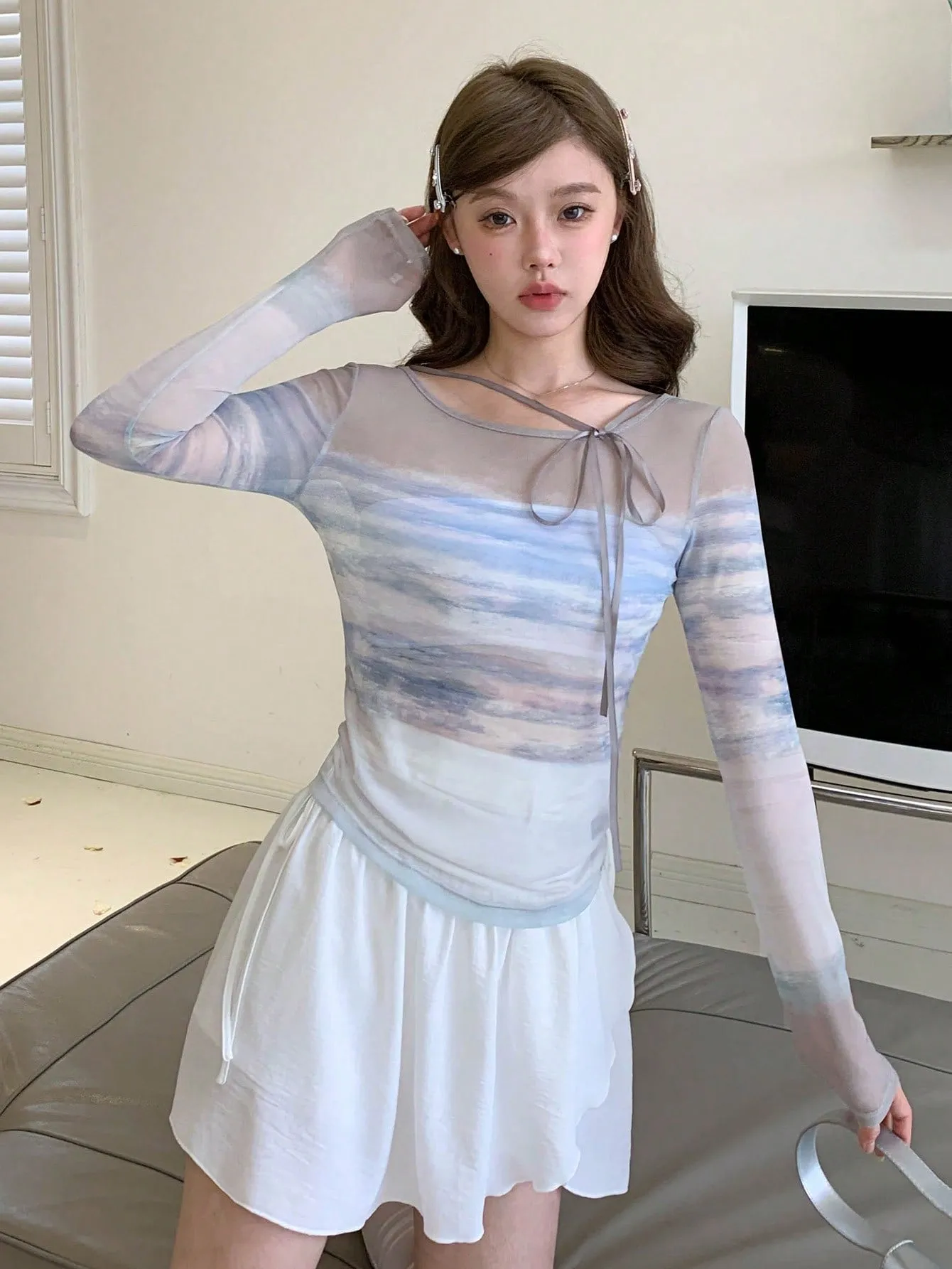 DAZY Tie Dye Print Tie Front Top