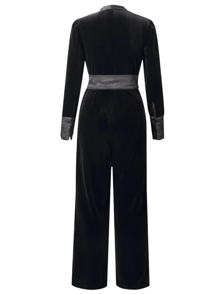 Deep V Neck Black Velvet Women‘s Jumpsuit Vintage Rompers
