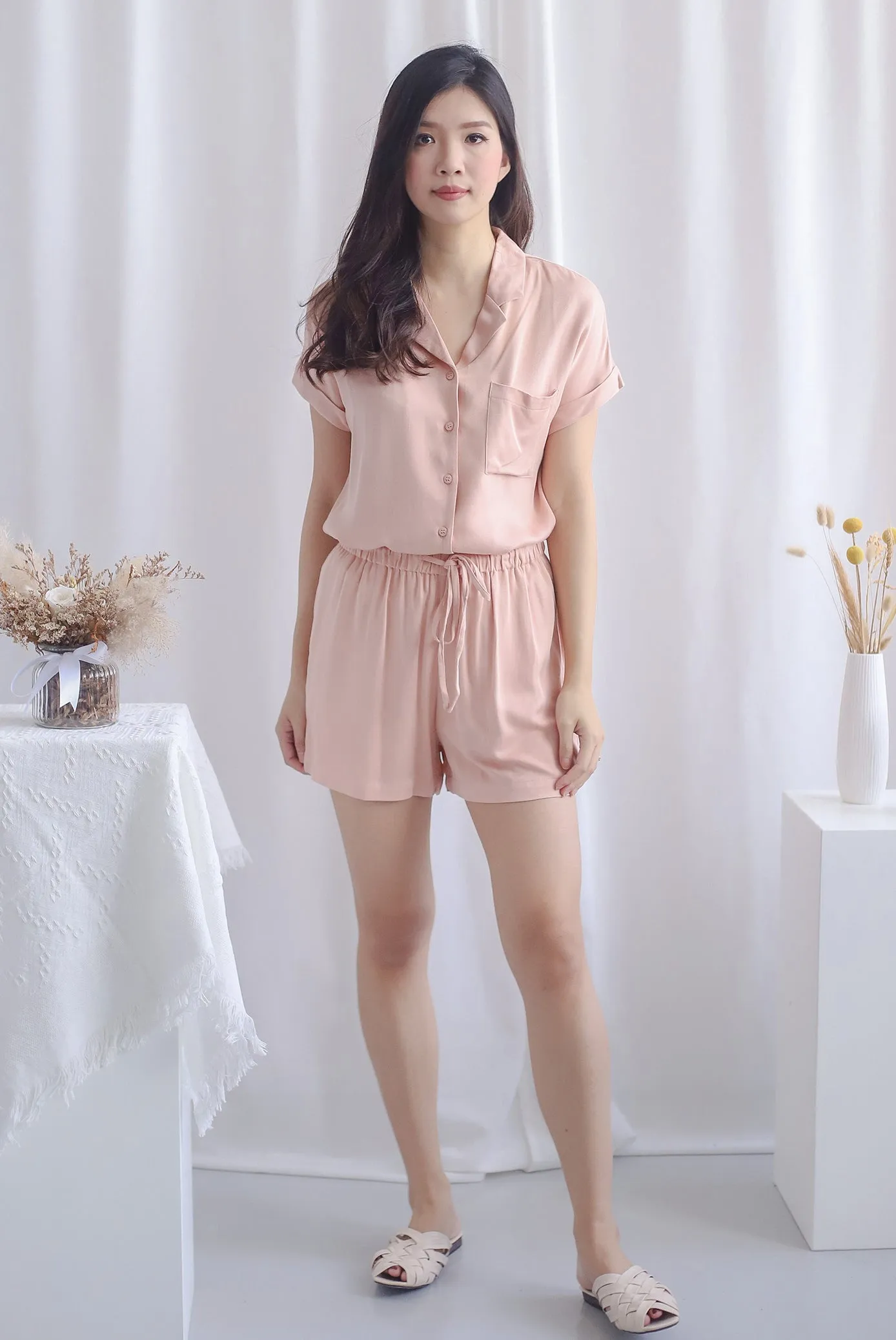 Dimple Lounge Drawstring Shorts In Peach Pink